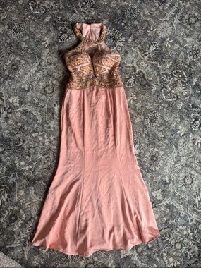 Bicici & Coty Beaded Halter Evening Dress in Blush Pink